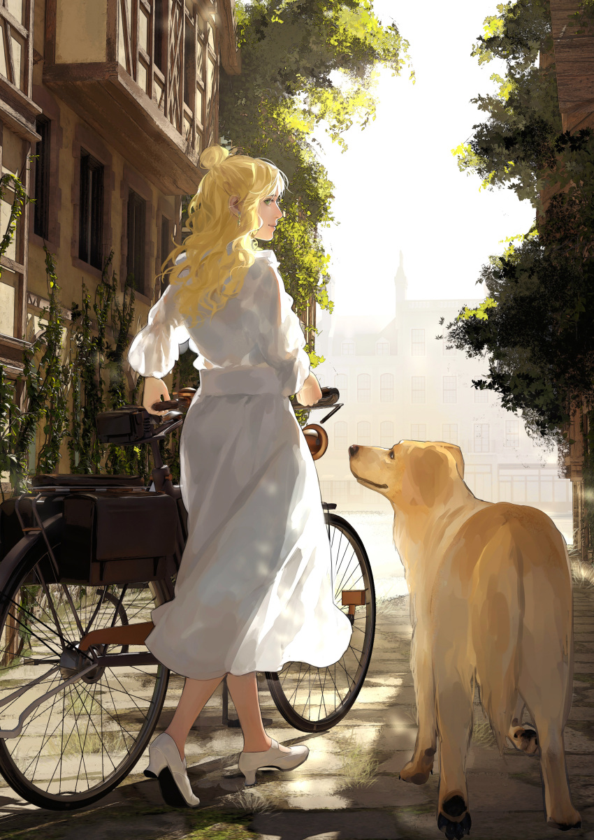 1girl absurdres audrey_hall bicycle blonde_hair building chinese_commentary clear_sky closed_mouth cobblestone commentary_request dog dress earrings golden_retriever ground_vehicle highres jewelry lips looking_at_another looking_at_viewer looking_back lord_of_the_mysteries plant road shadow sky smile street susie_(lord_of_the_mysteries) tree vines walking white_dress white_footwear window yinyoushirenmaotouying