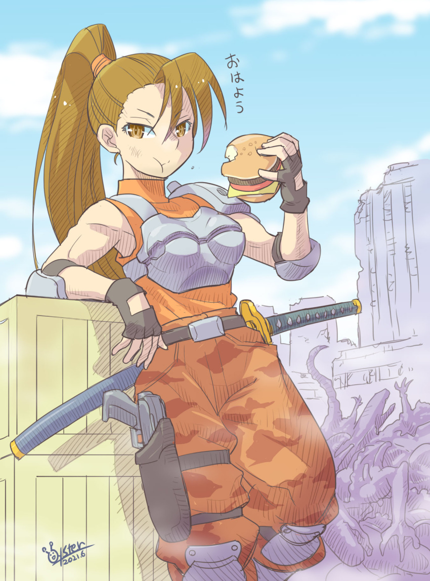 1girl alien_vs._predator armor belt brown_eyes brown_hair burger camouflage dated fingerless_gloves food gloves gun highres katana linn_kurosawa long_hair looking_at_viewer military military_uniform oyster_(artist) ponytail shoulder_pads solo sword uniform weapon xenomorph