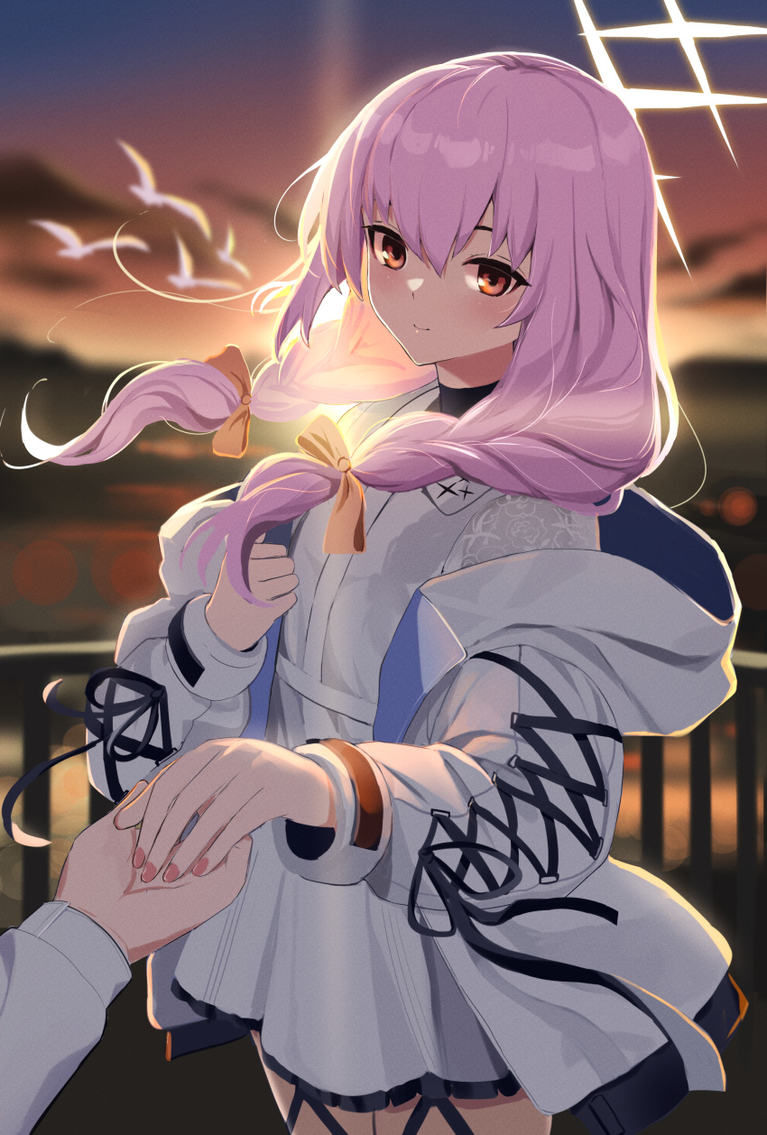1boy absurdres atsuko_(blue_archive) blue_archive blurry bow braid coat depth_of_field fence hair_bow hair_ribbon halo highres holding_hands hood hooded_coat hooded_jacket jacket mountainous_horizon orange_eyes out_of_frame pov purple_hair ribbon sensei_(blue_archive) stone_(ksorede) sunset twilight twin_braids white_coat