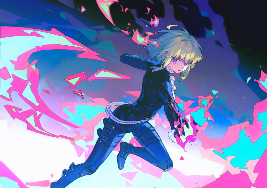 1boy ascot belt black_bodysuit bob_cut bodysuit boots colored_eyelashes fighting_stance fire frilled_cuffs frilled_shirt_collar frills gloves green_hair hair_between_eyes highres knee_pads libuqilai lio_fotia outstretched_arm promare purple_hair pyrokinesis short_hair sidelocks solo studded_belt thigh_strap