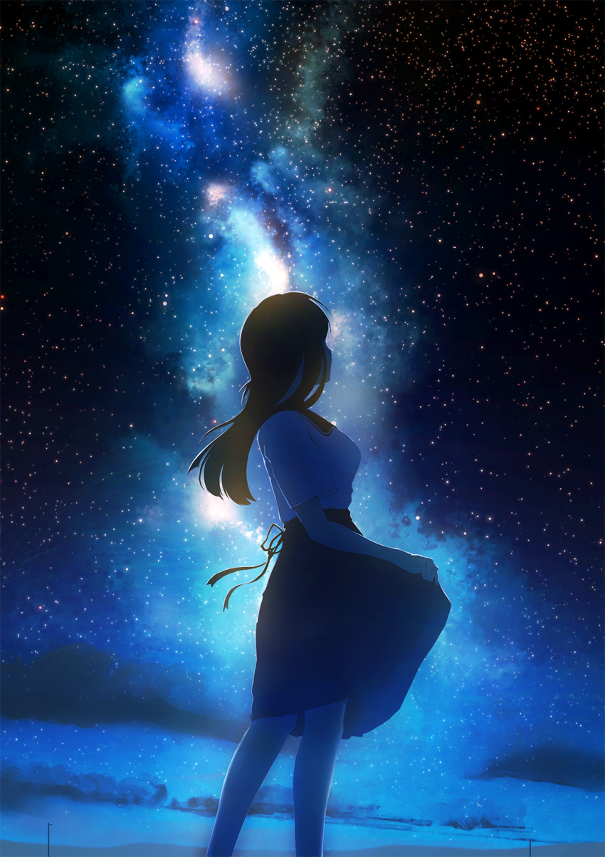 1girl black_hair black_skirt clouds commentary_request copyright_request facing_away feet_out_of_frame from_side galaxy highres long_hair long_skirt looking_to_the_side night night_sky partial_commentary power_lines sailor_collar scenery shirt shirt_tucked_in short_sleeves skirt skirt_hold sky solo standing star_(sky) starry_sky straight_hair tochichima white_shirt