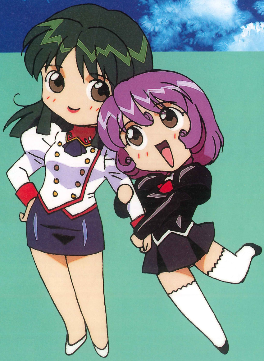 2girls absurdres agent_aika aika_(series) ascot black_ascot black_delmo black_delmo_leader black_jacket black_skirt blush bob_cut breasts brown_eyes buttons chibi delmo_commander delmogeny_uniform double-breasted green_hair highres jacket juliet_sleeves long_hair long_sleeves looking_at_viewer military military_uniform multiple_girls panties pencil_skirt pleated_skirt puffy_sleeves purple_hair red_ascot short_hair skirt smile standing thigh-highs thighs underwear uniform white_delmo white_jacket white_legwear yamauchi_noriyasu