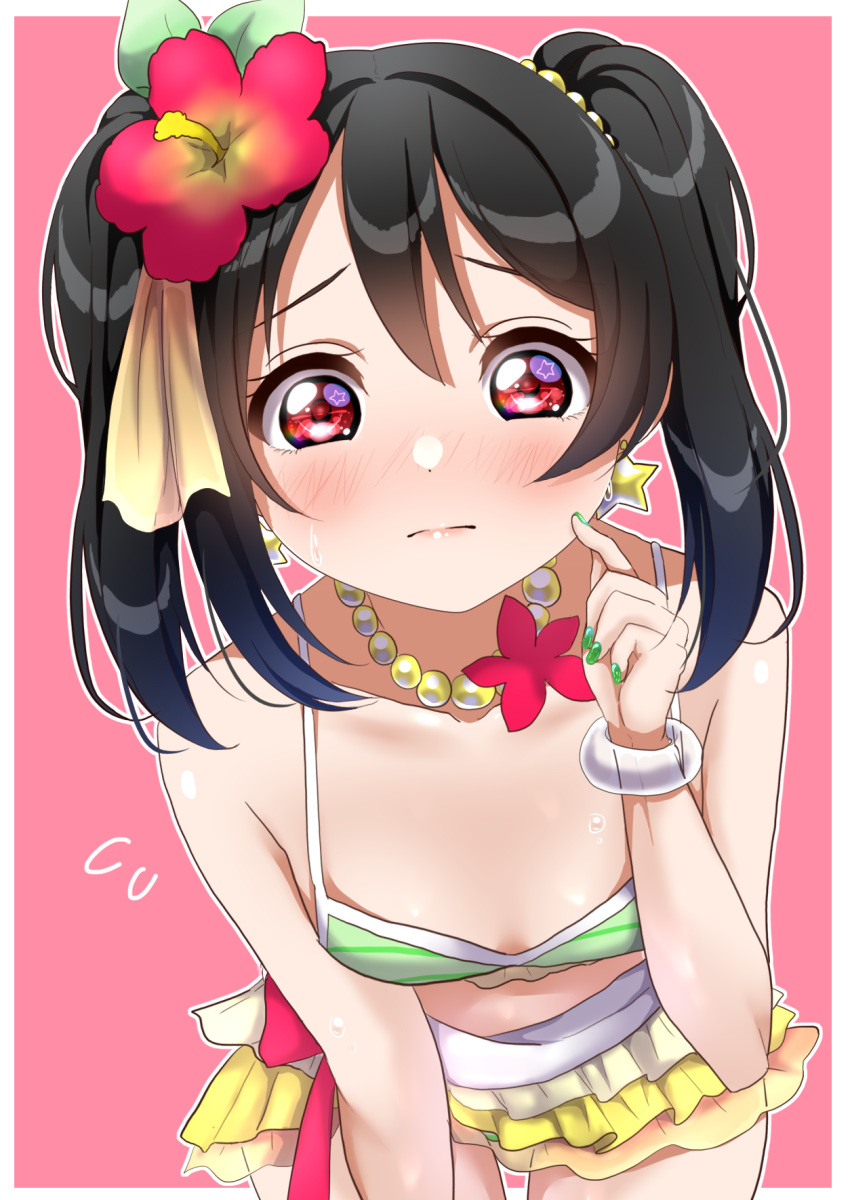 1girl bangs bead_necklace beads bikini bikini_skirt black_hair blush bracelet breasts commentary cowboy_shot earrings finger_to_cheek flower flying_sweatdrops green_bikini green_nails hair_flower hair_ornament hibiscus highres jewelry light_frown looking_at_viewer love_live! love_live!_school_idol_project medium_hair nail_polish natsuiro_egao_de_1_2_jump! necklace nervous nose_blush outline panda_copt pink_background raised_eyebrows red_eyes red_flower simple_background skirt small_breasts solo star_(symbol) star_earrings swimsuit twintails white_outline yazawa_nico yellow_skirt