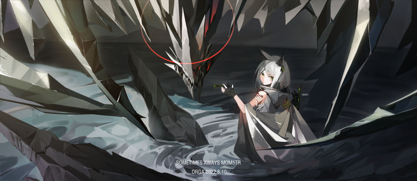 1girl absurdres animal_ears arknights bare_shoulders black_gloves cat_ears commentary_request fingerless_gloves gloves green_eyes highres holding holding_syringe kal'tsit_(arknights) looking_at_viewer mon3tr_(arknights) orga_(orgacl) short_hair solo syringe water white_hair