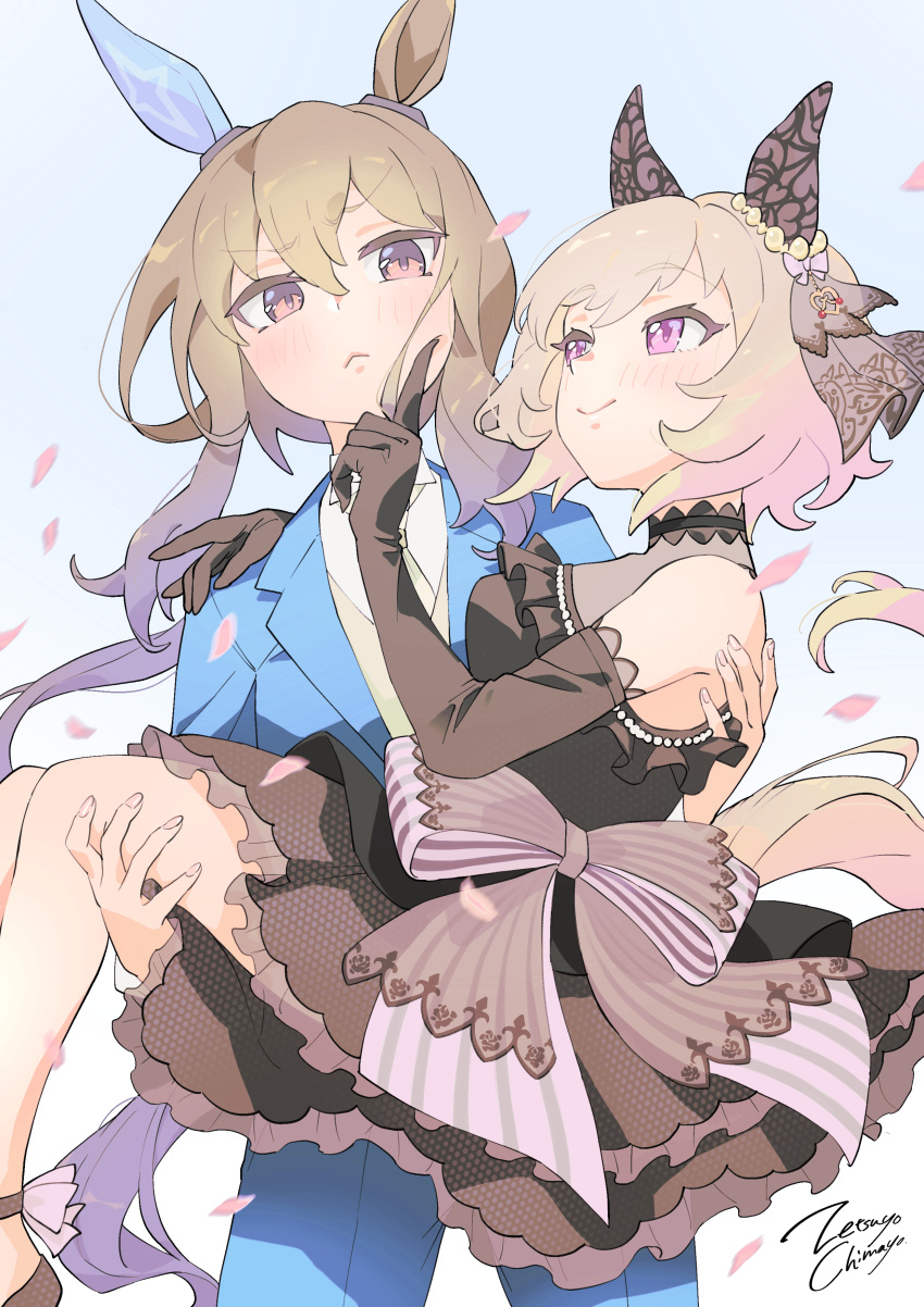 2girls :&gt; :&lt; absurdres admire_vega_(umamusume) alternate_costume animal_ears arm_around_shoulder artist_name bangs black_dress black_gloves blue_jacket blue_pants blurry blurry_background blush bow breasts brown_hair carrying curren_chan_(sakutsuki_ma_cherie)_(umamusume) curren_chan_(umamusume) dress dress_bow ear_covers elbow_gloves formal frilled_dress frills frown gloves highres horse_ears horse_girl horse_tail index_finger_raised jacket long_hair long_sleeves looking_at_another medium_breasts multiple_girls necktie pant_suit pants petals princess_carry short_hair simple_background sleeveless sleeveless_dress smile suit tail umamusume v-shaped_eyebrows violet_eyes zetsuyo_chimayo