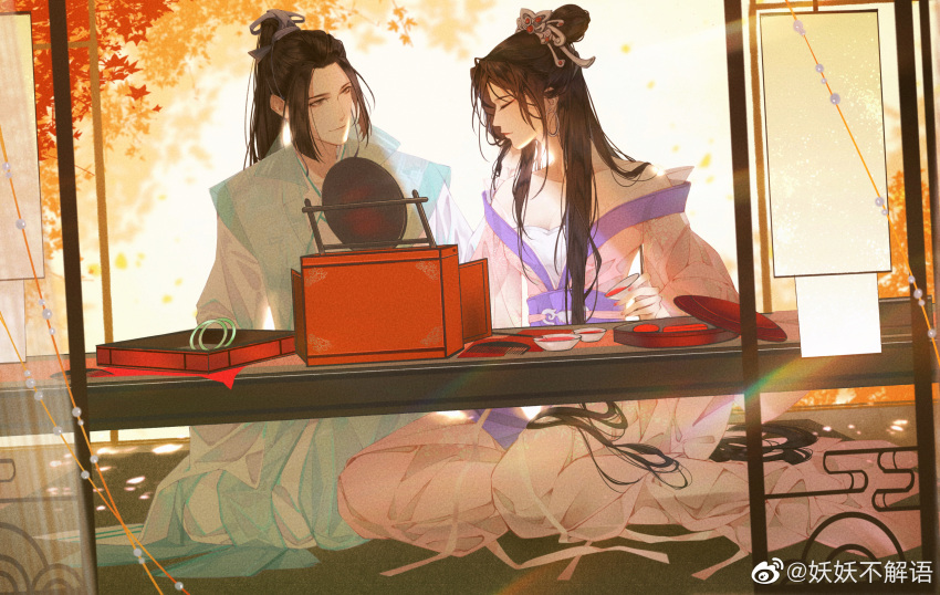 1boy 1girl absurdres backlighting bare_shoulders beads brown_hair chi_lian_(qin_shi_ming_yue) closed_eyes cui_fa_lanzhou cup hair_bun highres jewelry leaf lid light_rays long_hair looking_to_the_side maple_leaf mirror pouring qin_shi_ming_yue ring sitting string third-party_source