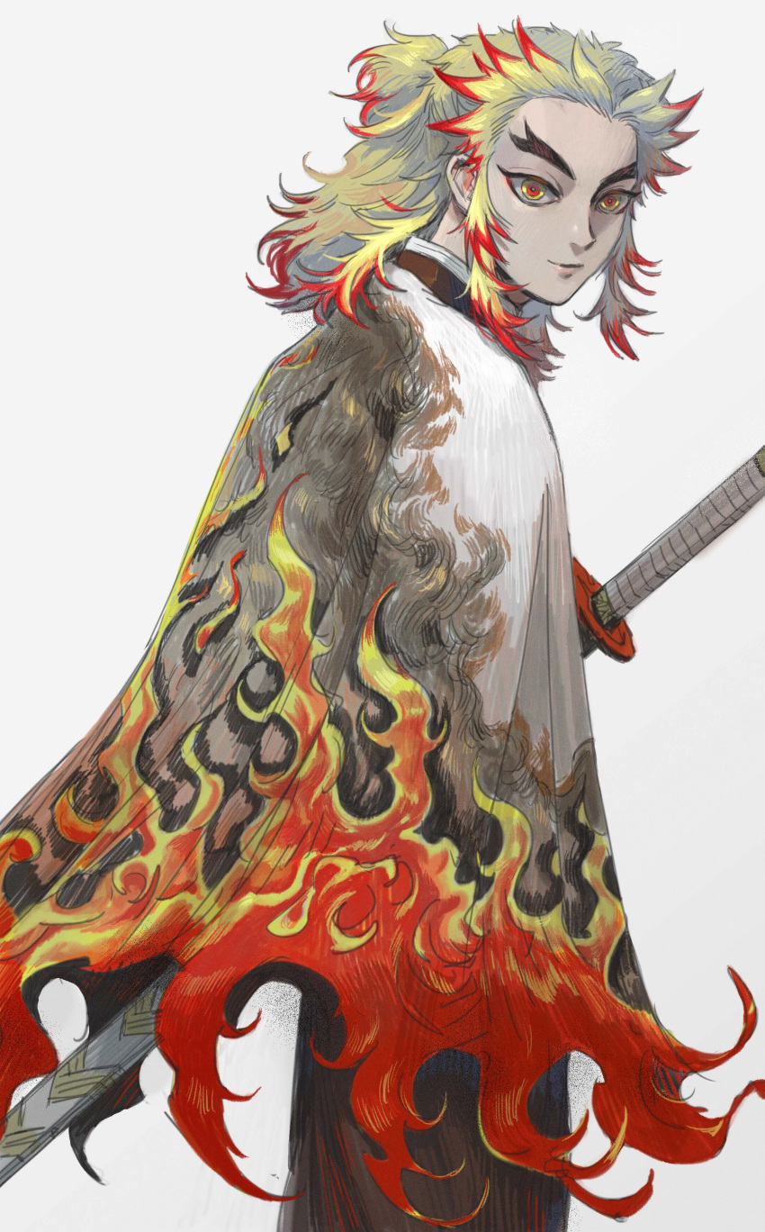 1boy absurdres adapted_costume blonde_hair cape closed_mouth colored_tips cowboy_shot demon_slayer_uniform egyuuu flame_print forked_eyebrows from_side half_updo highres katana kimetsu_no_yaiba long_hair long_sleeves looking_at_viewer looking_to_the_side male_focus multicolored_eyes multicolored_hair pants print_cape red_eyes redhead rengoku_kyoujurou sidelocks simple_background smile smoke solo standing streaked_hair sword weapon white_background yellow_eyes
