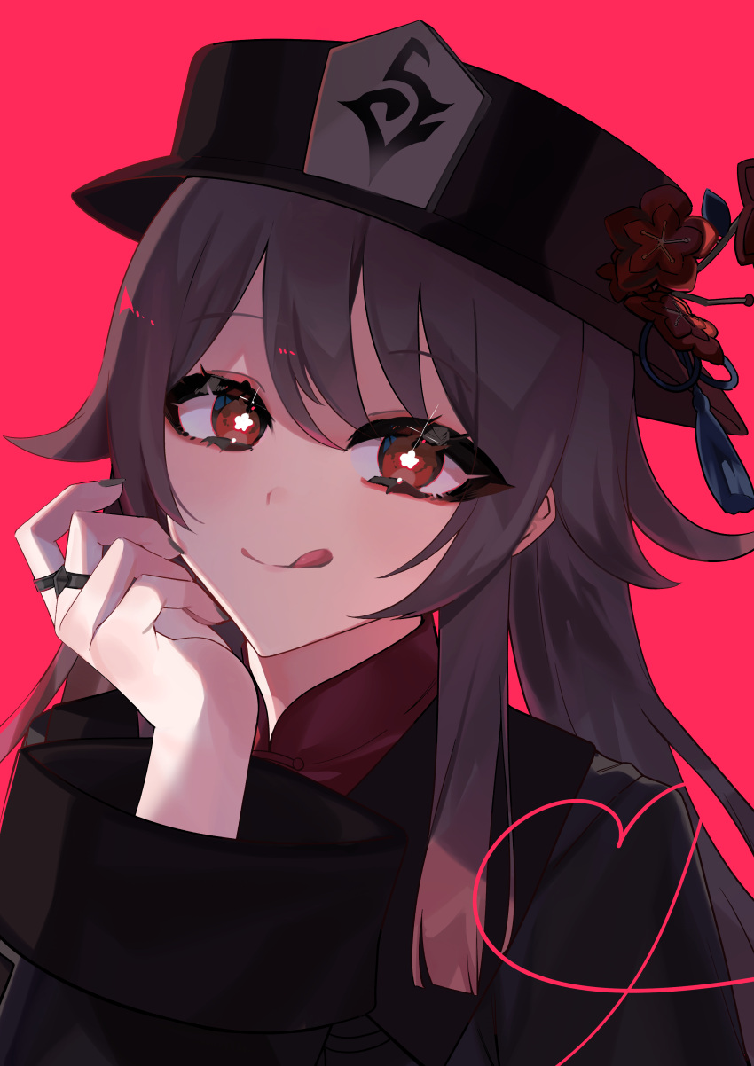 1girl absurdres black_nails brown_hair commentary flower genshin_impact hat highres hu_tao_(genshin_impact) jewelry looking_at_viewer red_eyes ring simple_background solo star-shaped_pupils star_(symbol) symbol-shaped_pupils tongue tongue_out
