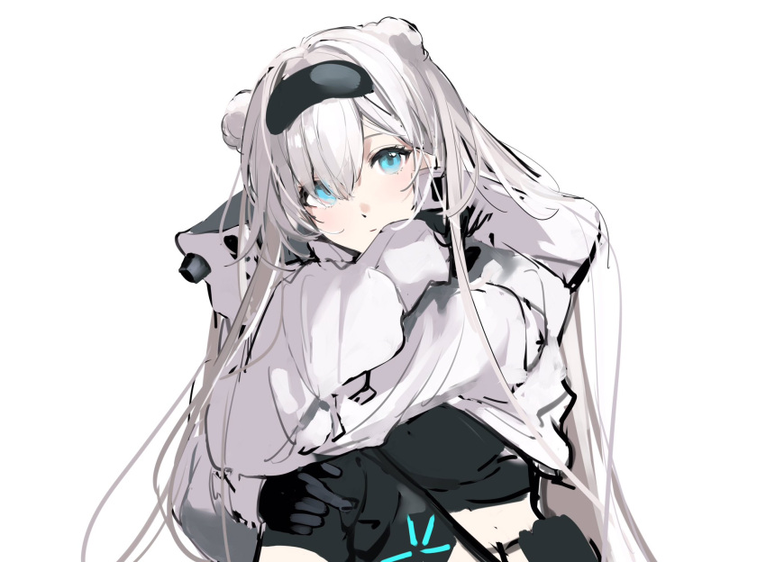 animal_ears arknights aurora_(arknights) bangs bear_ears black_gloves black_hairband black_shirt blue_eyes blush gloves hair_between_eyes hairband highres infection_monitor_(arknights) jacket joshua_(shisanli934) long_hair looking_at_viewer shirt very_long_hair white_hair white_jacket