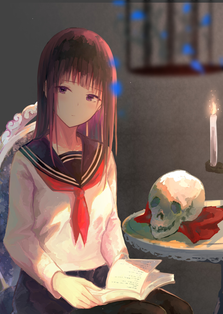 1girl :| absurdres bangs birdcage black_hair blue_sailor_collar blurry blurry_foreground book breasts cage candle chair closed_mouth commentary_request fire highres kayakooooo light long_hair long_sleeves looking_at_viewer neckerchief open_book original red_neckerchief sailor_collar school_uniform serafuku shirt sitting skull small_breasts solo straight_hair table violet_eyes white_shirt