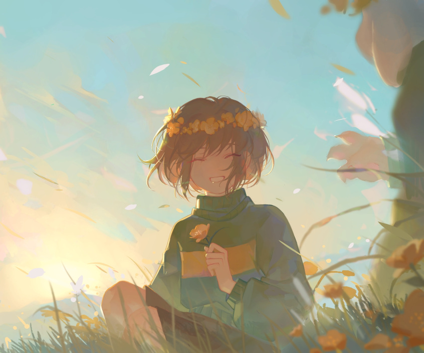 1other ^_^ ^o^ androgynous asriel_dreemurr brown_hair brown_shorts chara_(undertale) chinese_commentary closed_eyes commentary_request facing_viewer feet_out_of_frame feisekong286 flower flower_wreath grass green_sweater grin highres holding holding_flower long_sleeves on_grass orange_flower out_of_frame outdoors petals short_hair shorts sitting sky smile solo_focus sweater turtleneck turtleneck_sweater undertale