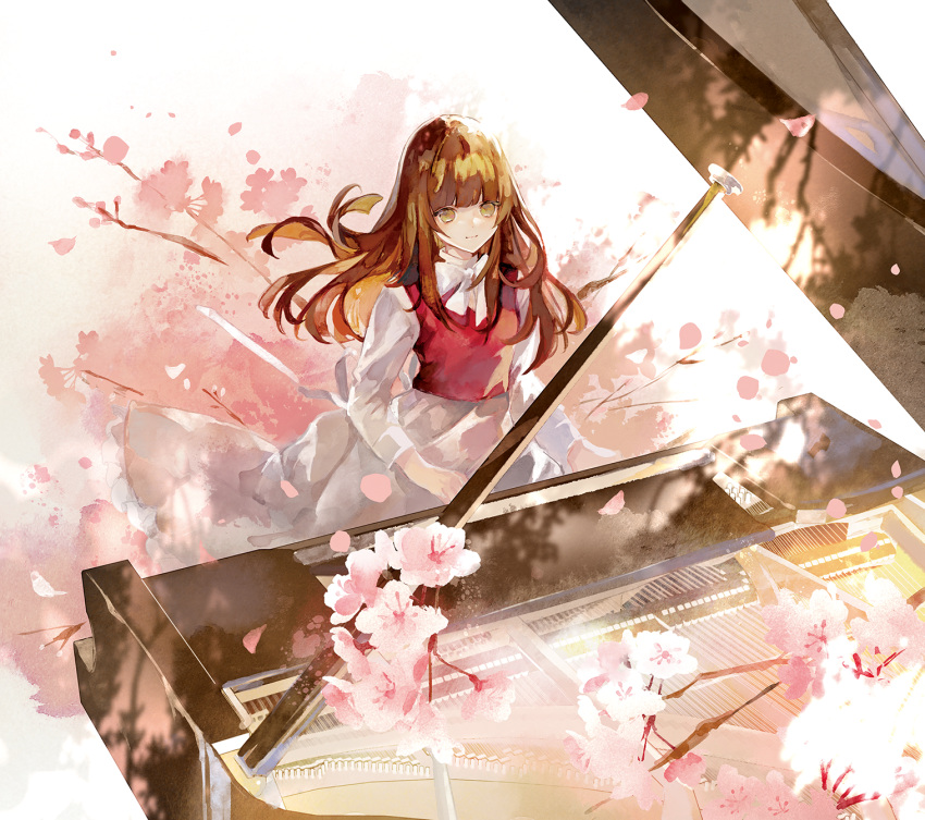 1girl abstract_background bangs blunt_bangs bow bowtie brown_eyes brown_hair commentary deemo dress flower girl_(deemo) grand_piano highres instrument long_hair long_sleeves looking_at_viewer music niwa_haruki piano pink_background pink_flower pink_vest playing_instrument playing_piano smile solo upper_body vest white_background white_bow white_bowtie white_dress