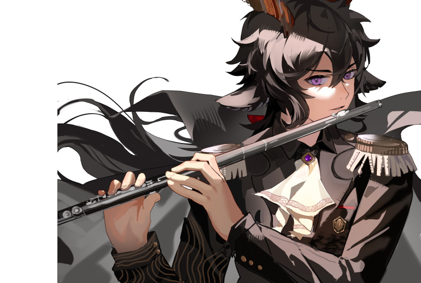 1boy absurdres arknights ascot black_hair brooch ebenholz_(arknights) epaulettes flute highres holding holding_instrument instrument jewelry leleyoukuailele long_hair long_sleeves looking_at_viewer male_focus music playing_instrument simple_background solo upper_body violet_eyes white_ascot white_background