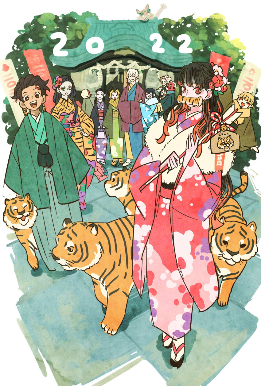 2022 6+boys 6+girls agatsuma_zenitsu animal animal_print bit_gag black_hair brother_and_sister chinese_zodiac commentary_request daki_(kimetsu_no_yaiba) flower fur_collar gag gagged green_kimono haganezuka_hotaru hair_flower hair_ornament hashibira_inosuke highres hinatsuru_(kimetsu_no_yaiba) husband_and_wife_and_wife japanese_clothes kamado_nezuko kamado_tanjirou kimetsu_no_yaiba kimono long_hair makio_(kimetsu_no_yaiba) makomo_(kimetsu) multicolored_hair multiple_boys multiple_girls new_year obi orange_hair pink_kimono print_kimono ryosuketarou sabito_(kimetsu) sash siblings solo_focus suma_(kimetsu_no_yaiba) tiger tiger_print two-tone_hair urokodaki_sakonji uzui_tengen wide_sleeves year_of_the_tiger