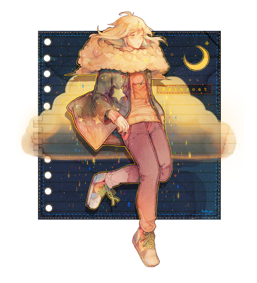 1boy ahoge bangs blonde_hair blush closed_eyes clouds crescent_moon denim english_text fur_collar hoshi-pan jacket jeans layered_clothes long_sleeves male_focus medium_hair moon night night_sky notepad original pants parted_lips rain raincoat shoes sky sneakers solo standing standing_on_one_leg star_(sky) star_(symbol) star_print starry_sky sweater