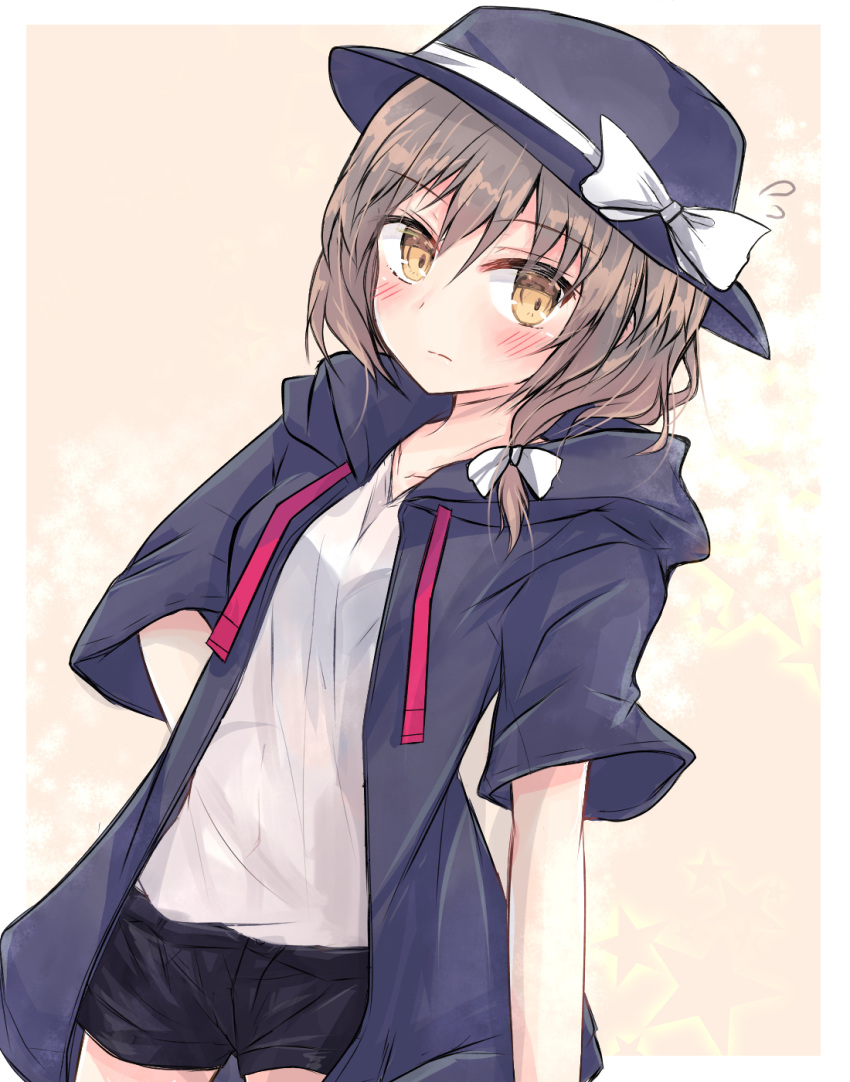 black_headwear black_hoodie black_jacket black_shorts border bow brown_eyes brown_hair commentary_request covered_navel fedora hat hat_bow highres hood hoodie jacket red_ribbon ribbon see-through see-through_shirt shirt shorts teruteruyohou touhou usami_renko white_border white_bow white_shirt