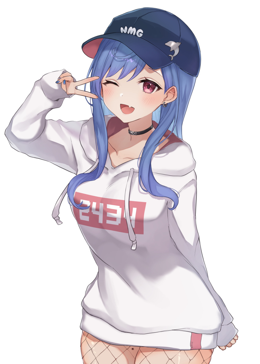 1girl absurdres arm_behind_back bangs baseball_cap blue_hair blue_nails breasts choker collarbone cowboy_shot dolphin_hat_ornament fang fishnet_legwear fishnets hair_behind_ear hat hat_ornament highres hood hoodie iu_(iuiu1103) light_blush long_hair looking_at_viewer mole mole_on_thigh nijisanji nishizono_chigusa one_eye_closed open_mouth print_hoodie product_placement skin_fang sleeves_past_wrists smile solo swept_bangs v violet_eyes virtual_youtuber white_hoodie