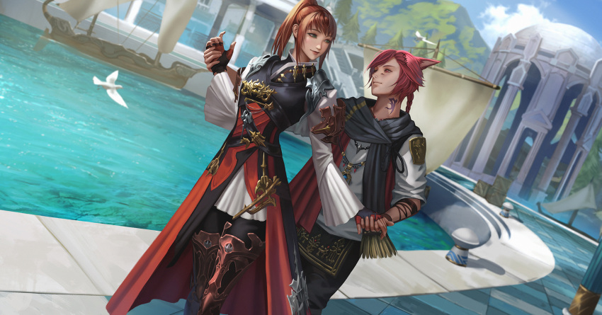 1boy 1girl animal_ears avatar_(ff14) bangs bird boat brown_hair cat_boy cat_ears commission english_commentary facial_mark final_fantasy final_fantasy_xiv fingerless_gloves frills g'raha_tia gloves green_eyes hand_on_another's_hand hetero highres holding_hands hyur looking_at_viewer miqo'te neck_tattoo nibelart ocean ponytail red_eyes redhead scarf scenery shadow short_hair smile tattoo tree water watercraft