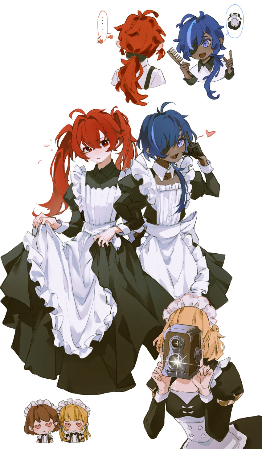 2boys 3girls 57friend absurdres alternate_costume alternate_hairstyle apron bangs black_dress black_gloves blonde_hair blue_eyes blue_hair brown_hair camera comb crossdressing dark-skinned_male dark_skin diluc_(genshin_impact) dress enmaided eyepatch genshin_impact gloves hair_between_eyes heart heart-shaped_eyes highres holding holding_camera kaeya_(genshin_impact) long_hair long_sleeves maid maid_headdress multicolored_hair multiple_boys multiple_girls multiple_views open_mouth parted_lips ponytail red_eyes redhead short_hair simple_background skirt_hold streaked_hair taking_picture twintails white_apron white_background white_gloves