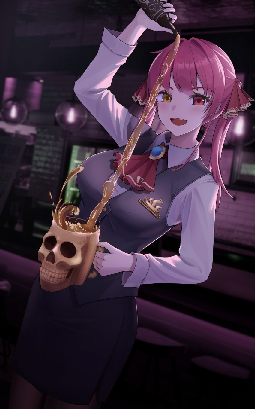 1girl absurdres artist_request ascot bartender beer_mug breasts cup formal hair_ribbon heterochromia highres hololive hololive_fantasy houshou_marine large_breasts long_hair long_sleeves mug open_mouth red_eyes red_ribbon redhead ribbon solo suit twintails virtual_youtuber yellow_eyes