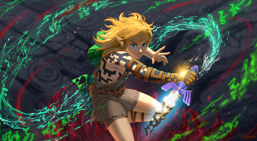 1boy blonde_hair blue_eyes body_writing commentary fantasy glowing holding holding_weapon jasqreate link looking_at_viewer magic male_focus master_sword pointy_ears ruins standing standing_on_one_leg symbol-only_commentary tattoo the_legend_of_zelda the_legend_of_zelda:_breath_of_the_wild weapon