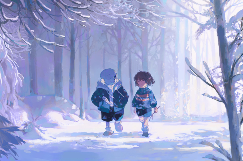 1boy 1other =_= absurdres ambiguous_gender black_shorts blue_jacket blue_shorts blue_sweater brown_hair child chinese_commentary closed_eyes coat commentary_request dappled_sunlight expressionless feisekong286 forest frisk_(undertale) hand_in_pocket highres holding holding_stick hood hood_down hooded_jacket jacket long_sleeves looking_at_another nature one_eye_closed outdoors sans scenery short_hair shorts skeleton smile snow stick sunlight sweater tree turtleneck turtleneck_sweater undertale walking wide_shot winter winter_clothes winter_coat