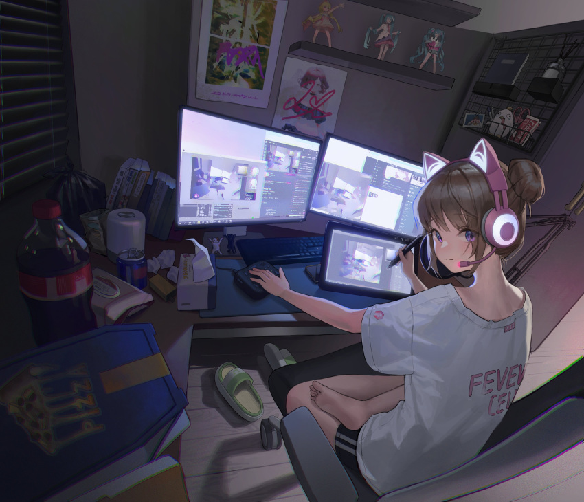 1girl :3 absurdres action_figure bangs black_shorts blinders brown_hair can cat_ear_headphones chromatic_aberration closed_mouth coca-cola commentary computer drawing_tablet from_behind hair_bun hatsune_miku headphones headset highres higuchi_madoka holding holding_stylus indian_style indoors keyboard_(computer) looking_at_viewer looking_back manga_(object) monitor notebook scissors shadow shelf shirt shorts sitting smile soda_can solo stylus symbol-shaped_pupils tissue_box tourbox trash_bag violet_eyes white_shirt wooden_floor xi_xeong