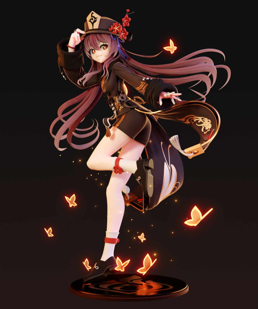 1girl 3d brown_hair bug butterfly chinese_clothes flower gradient_hair hair_between_eyes hat highres holding holding_clothes holding_hat hu_tao_(genshin_impact) jewelry long_hair looking_at_viewer multicolored_hair pablo_dobarro porkpie_hat red_eyes ring smile socks star-shaped_pupils star_(symbol) symbol-shaped_pupils teeth twintails