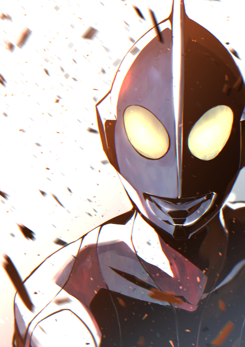 1boy alien bare_shoulders glowing glowing_eyes highres kuri_giepi looking_at_viewer shading_mismatch shin_ultraman simple_background ultra_series ultraman ultraman_(shin) white_background yellow_eyes