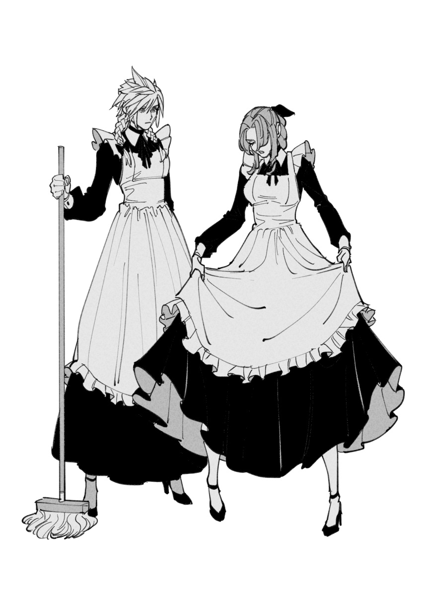 1boy 1girl absurdres aerith_gainsborough apron bangs bow braid braided_ponytail breasts closed_eyes cloud_strife crossdressing dress final_fantasy final_fantasy_vii final_fantasy_vii_remake frilled_apron frills full_body greyscale hair_bow hair_ribbon high_heels highres holding holding_mop long_dress long_sleeves maid maid_apron medium_breasts monochrome mop neck_ribbon oimo_(oimkimn) open_mouth parted_bangs ribbon spiky_hair standing twin_braids white_background