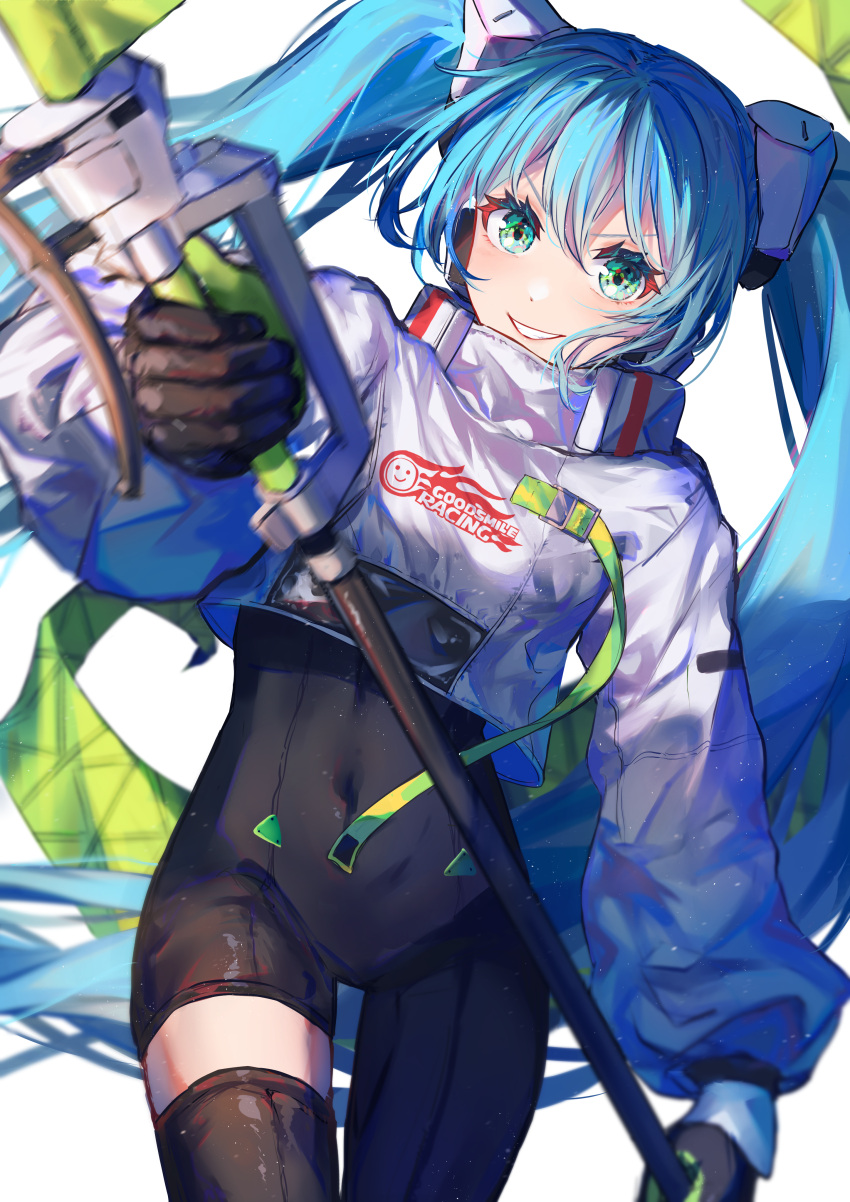 1girl absurdres aqua_eyes aqua_hair black_bodysuit bodysuit flag hatsune_miku highres holding holding_flag long_hair looking_at_viewer racing_miku racing_miku_(2022) solo very_long_hair vocaloid yuzuha_wasa