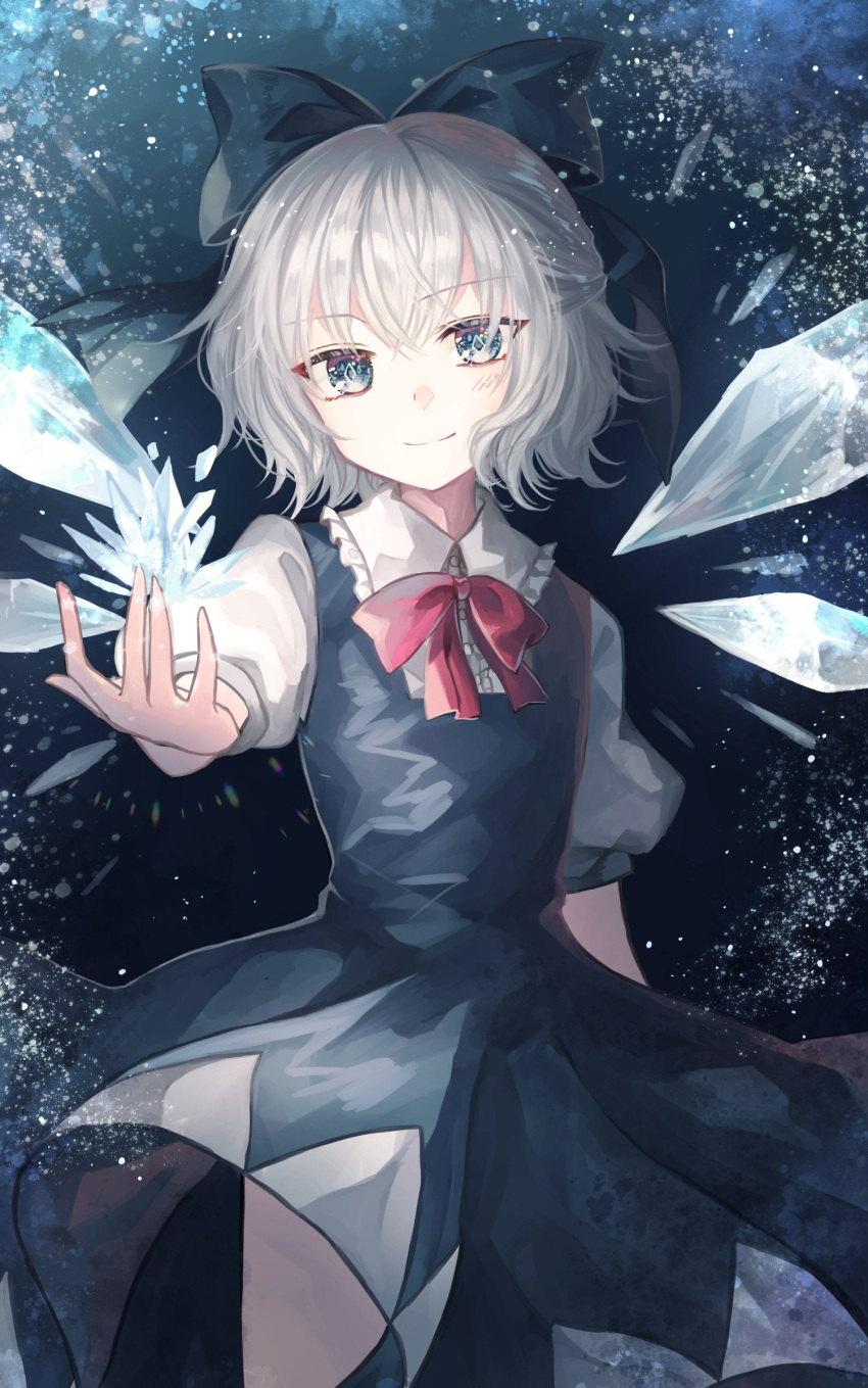 1girl blue_dress blue_eyes blue_hair bow cirno cowboy_shot dress hair_bow highres ice ice_wings looking_at_viewer miyakure puffy_short_sleeves puffy_sleeves shirt short_hair short_sleeves simple_background smile solo touhou wings
