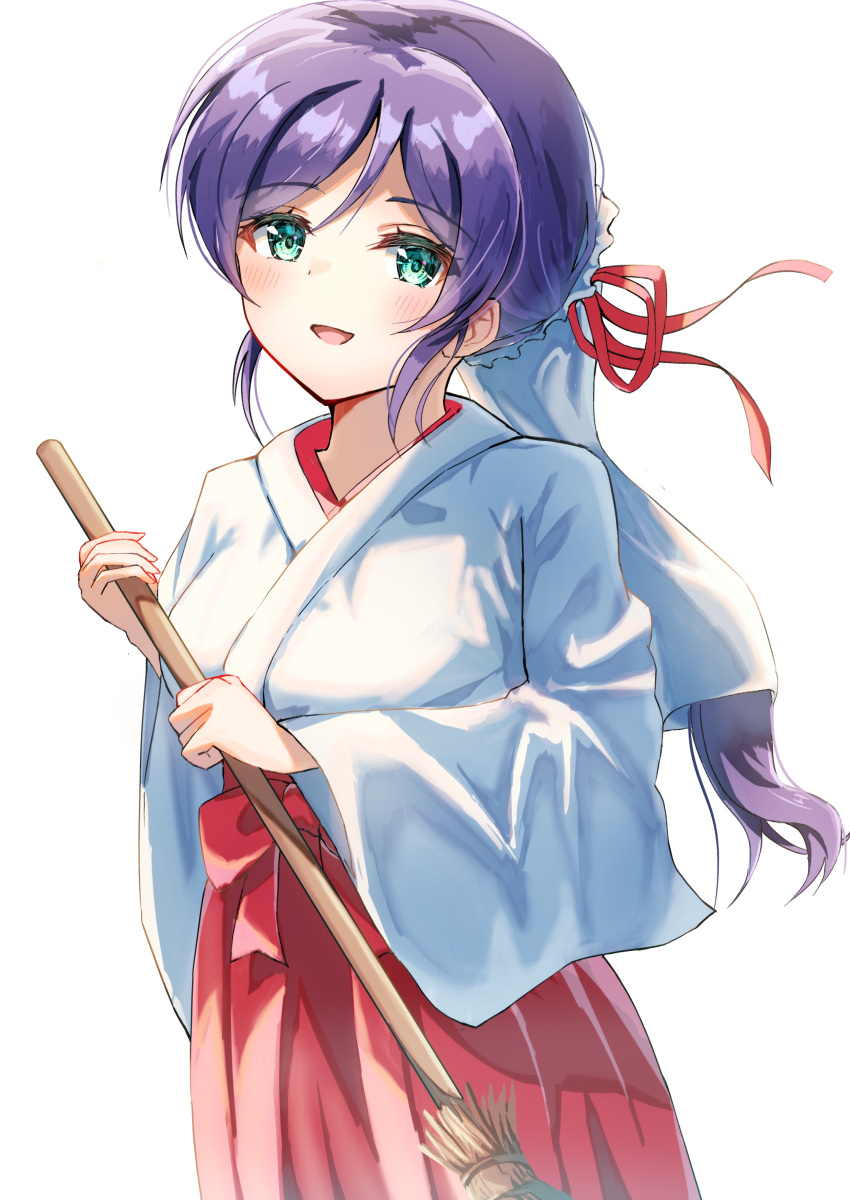 1girl :d absurdres blush broom commentary green_eyes hair_ribbon hair_tubes hakama highres holding holding_broom japanese_clothes kimono long_hair looking_at_viewer love_live! love_live!_school_idol_project low_ponytail miko oekakiren_0403 open_mouth purple_hair red_hakama red_ribbon ribbon simple_background single_bang smile solo textless_version toujou_nozomi white_background white_kimono wide_sleeves