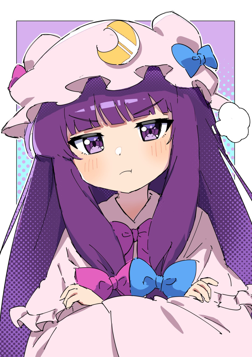 1girl :t bangs blue_bow blunt_bangs blush bow bowtie capelet commentary_request crescent crescent_hat_ornament eyebrows_visible_through_hair hair_bow hat hat_bow hat_ornament highres long_hair looking_at_viewer miz_(mizillustration) mob_cap patchouli_knowledge pink_bow pink_bowtie pout purple_hair robe solo touhou upper_body violet_eyes