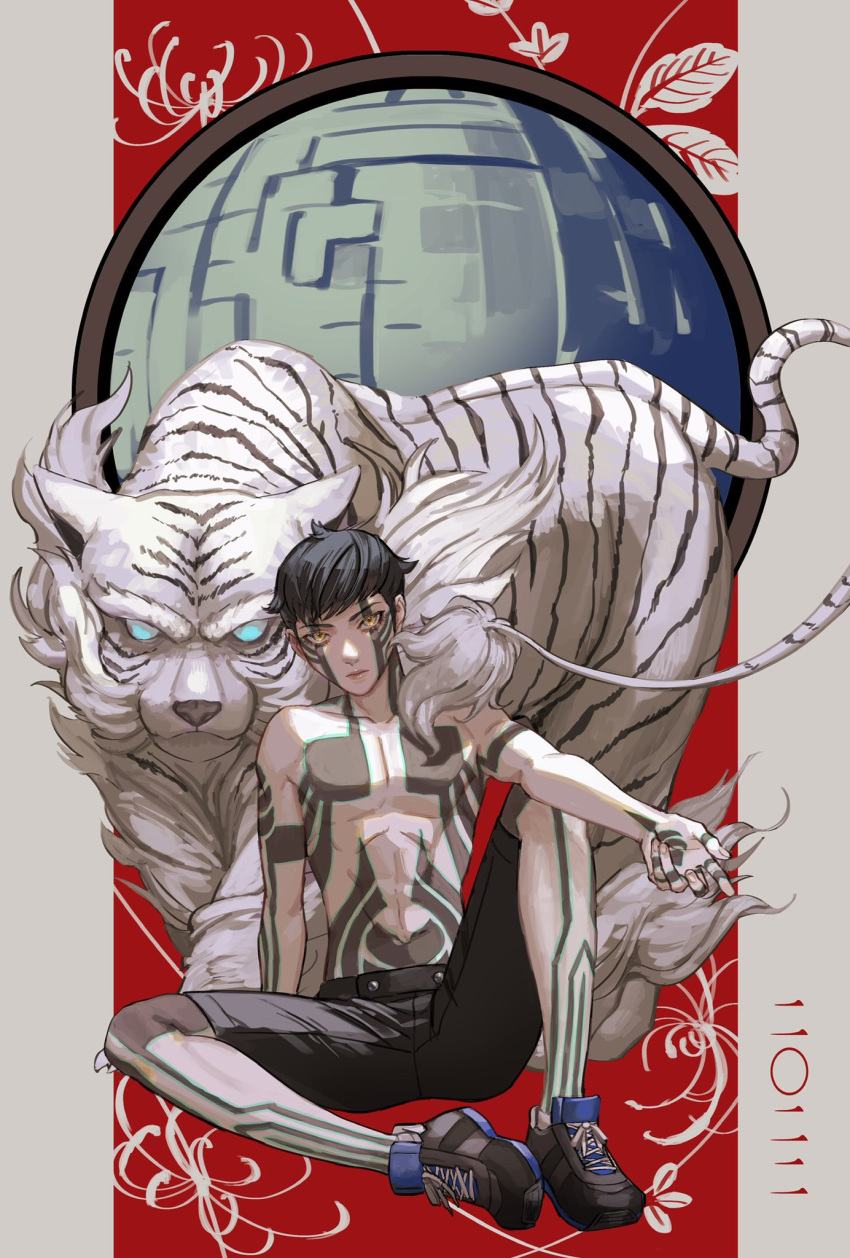 1boy black_hair blue_eyes brown_hair byakko_(megami_tensei) full-body_tattoo highres hitoshura looking_at_viewer male_focus sageo_yn shin_megami_tensei shin_megami_tensei_iii:_nocturne short_hair shorts simple_background solo tattoo tiger yellow_eyes