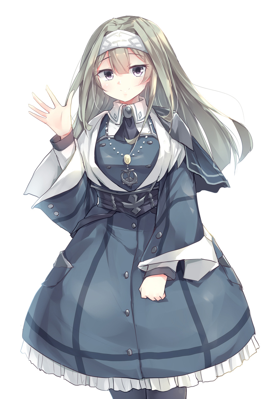1girl absurdres bangs blue_dress breasts collared_shirt cowboy_shot dress duel_monster exosister_irene grey_eyes grey_hair harness headband highres jewelry kanzakietc long_hair long_sleeves looking_at_viewer medium_breasts necklace nun shirt shoulder_cape simple_background smile solo thigh-highs trench_coat waving white_background yu-gi-oh!