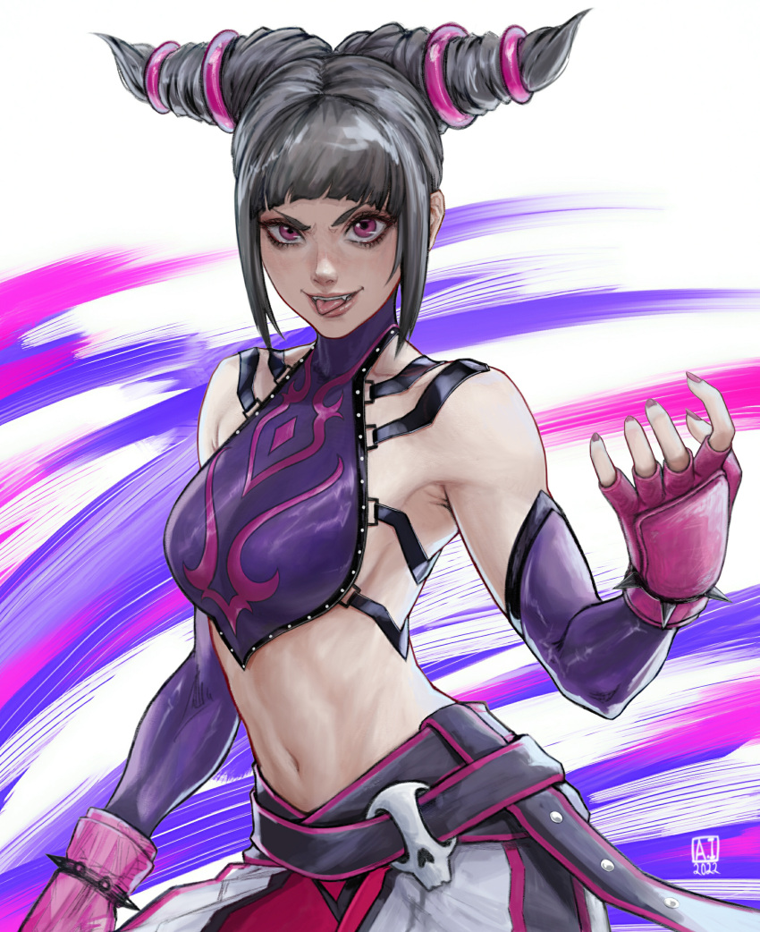 1girl abs absurdres ai_shou bracelet breasts capcom detached_sleeves drill_hair halter_top halterneck han_juri highres jewelry navel sideboob skull smile solo spiked_bracelet spikes street_fighter street_fighter_iv_(series) toned tongue twin_drills violet_eyes