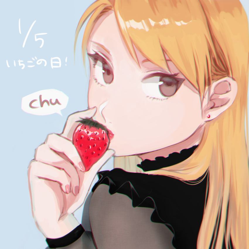 1boy 1girl bangs blonde_hair blue_background brown_eyes dated earrings food frills from_behind fruit fullmetal_alchemist hand_up highres holding holding_food holding_fruit jewelry long_sleeves looking_at_viewer looking_back nail_polish object_kiss ozaki_(tsukiko3) pink_nails portrait riza_hawkeye see-through see-through_sleeves simple_background solo straight_hair strawberry stud_earrings