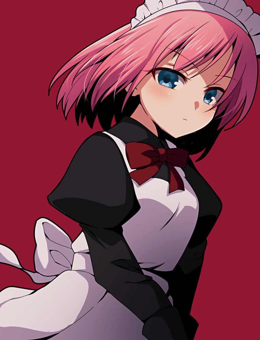 1girl apron bangs blue_eyes bow bowtie closed_mouth eyebrows_visible_through_hair highres hisui_(tsukihime) itsuka_neru juliet_sleeves long_sleeves looking_at_viewer maid maid_headdress pink_hair puffy_sleeves red_background red_bow red_bowtie short_hair simple_background solo tsukihime v_arms white_apron