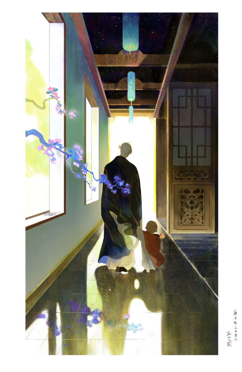 2boys absurdres bald branch bug butterfly butterfly_on_head ceiling copyright_request day door facing_away from_behind grey_hair hallway hand_up highres holding_hands indoors lantern lattice long_sleeves male_child multiple_boys reflective_floor robe scenery short_hair tairou tile_floor tiles walking wide_sleeves wind window wooden_door