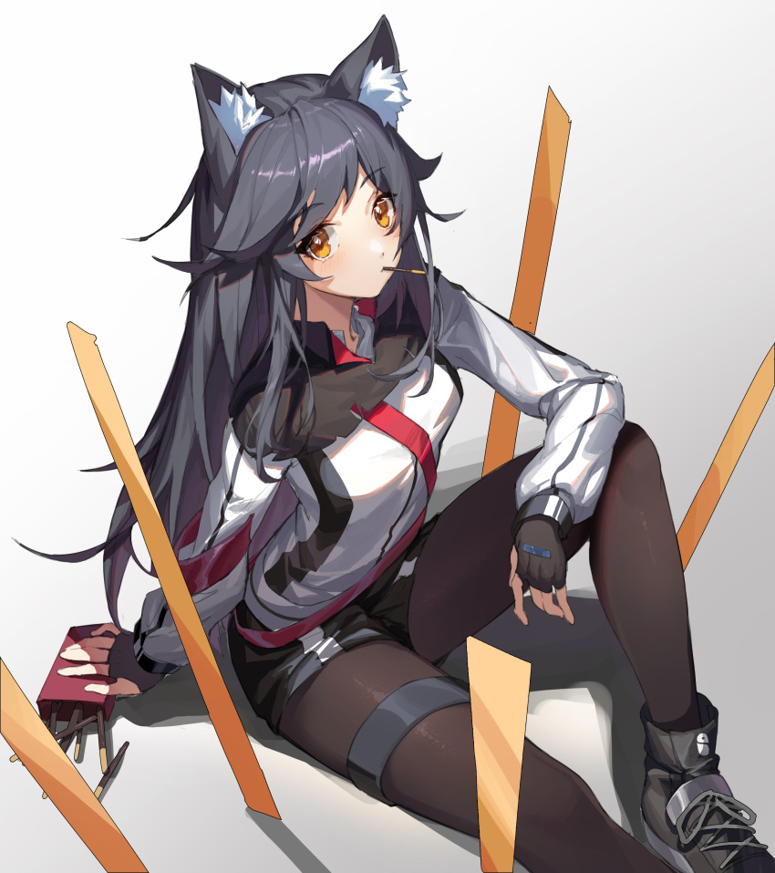 1girl absurdres animal_ear_fluff animal_ears arknights bangs black_footwear black_gloves black_hair black_legwear black_shorts commentary_request eyebrows_visible_through_hair fingerless_gloves food food_in_mouth gloves gradient gradient_background highres jacket knee_up long_hair long_sleeves looking_at_viewer mo_ying_yu mouth_hold pantyhose pocky shoes short_shorts shorts sitting solo texas_(arknights) very_long_hair white_jacket wolf_ears yellow_eyes