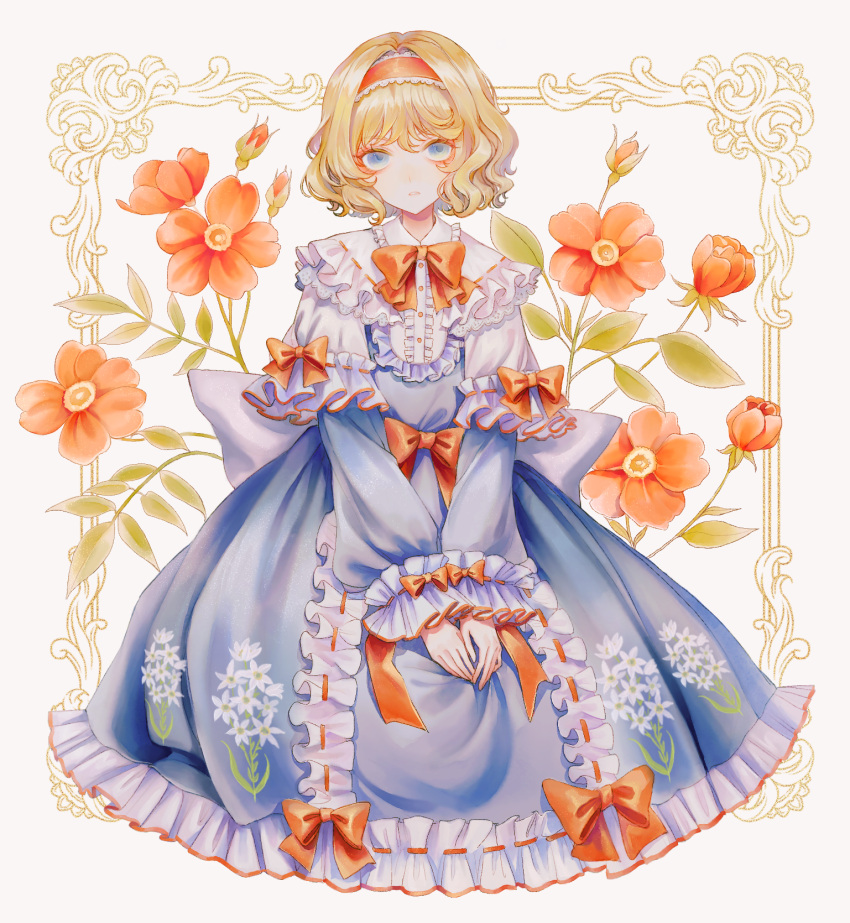 1girl alice_margatroid back_bow bangs blonde_hair blue_dress blue_eyes bow center_frills commentary curly_hair dress dress_bow flower frilled_dress frilled_hairband frilled_shirt_collar frills full_body hairband highres hourai_kiriri long_sleeves looking_at_viewer own_hands_together parted_lips red_bow red_flower red_hairband seiza shirt short_hair sitting solo touhou white_bow white_shirt