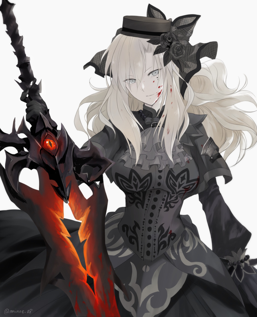 1girl ascot black_bow black_dress black_flower black_gloves black_headwear black_rose blood blood_in_hair blood_on_face bow cowboy_shot dress fate/grand_order fate_(series) flower gloves grey_eyes hat hat_bow hat_flower highres holding holding_sword holding_weapon kriemhild_(fate) light_smile long_hair looking_at_viewer minoe08 pale_skin rose simple_background solo standing sword twitter_username weapon white_background white_hair