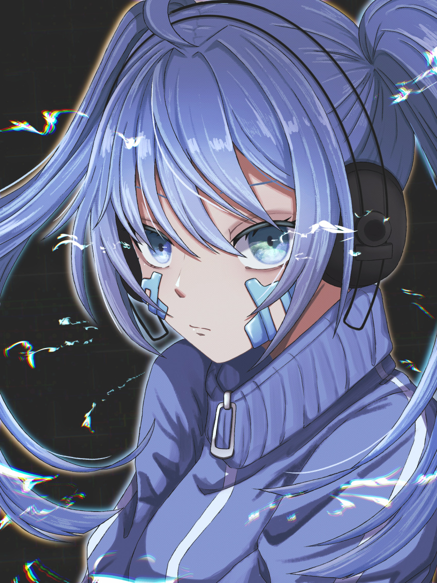 1girl absurdres blue_eyes blue_hair ene_(kagerou_project) facial_mark francium76 headphones highres jacket kagerou_project looking_at_viewer solo twintails upper_body