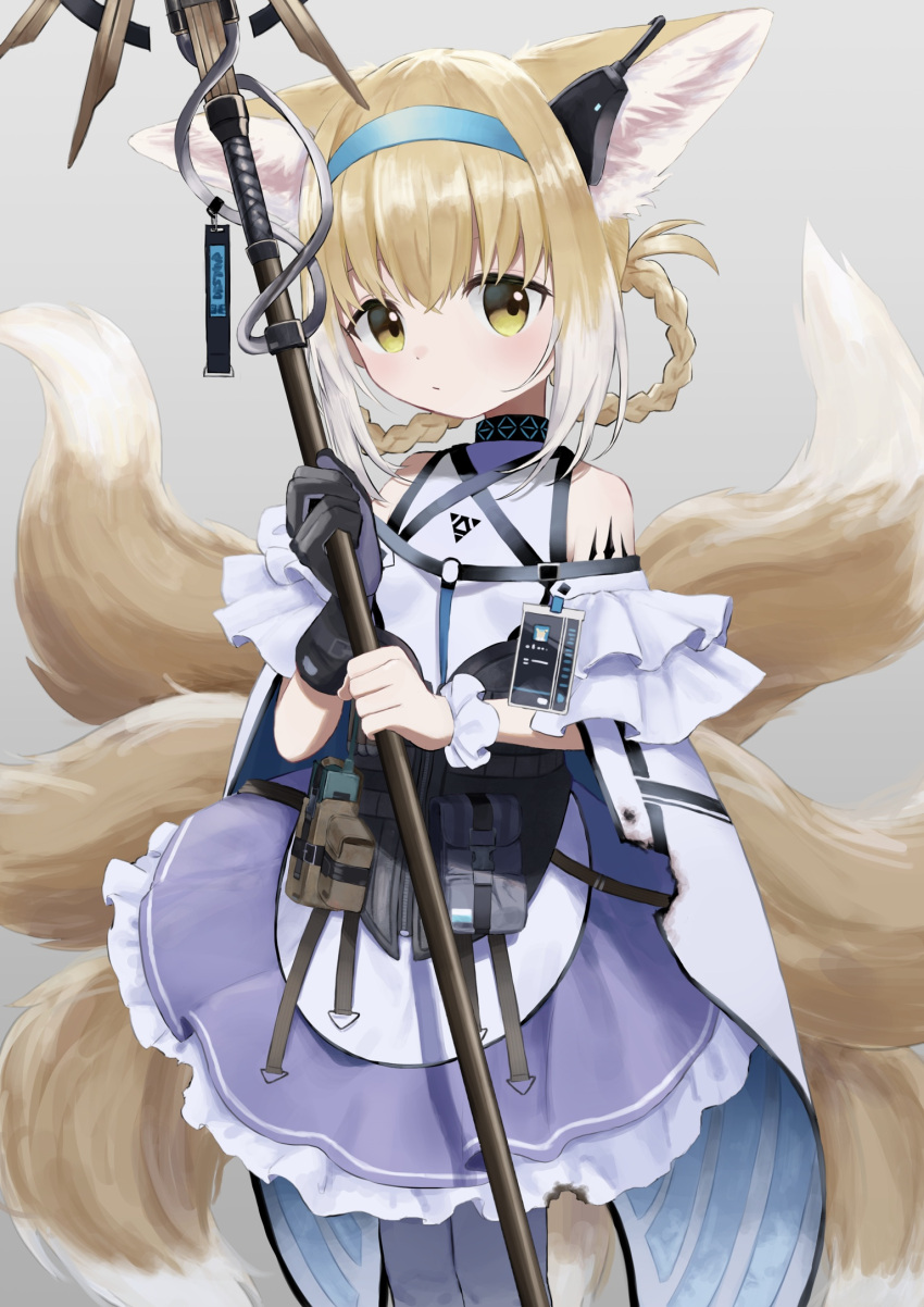 1girl animal_ears arknights bangs commentary_request detached_sleeves eyes_visible_through_hair fox_ears fox_girl fox_tail gloves gradient_hair hair_between_eyes headset highres holding holding_staff kyuubi light_brown_hair long_hair looking_at_viewer multicolored_hair multiple_tails scrunchie short_sleeves sidelocks single_glove solo staff suzuran_(arknights) tail ten_can two-tone_hair wrist_scrunchie yellow_eyes