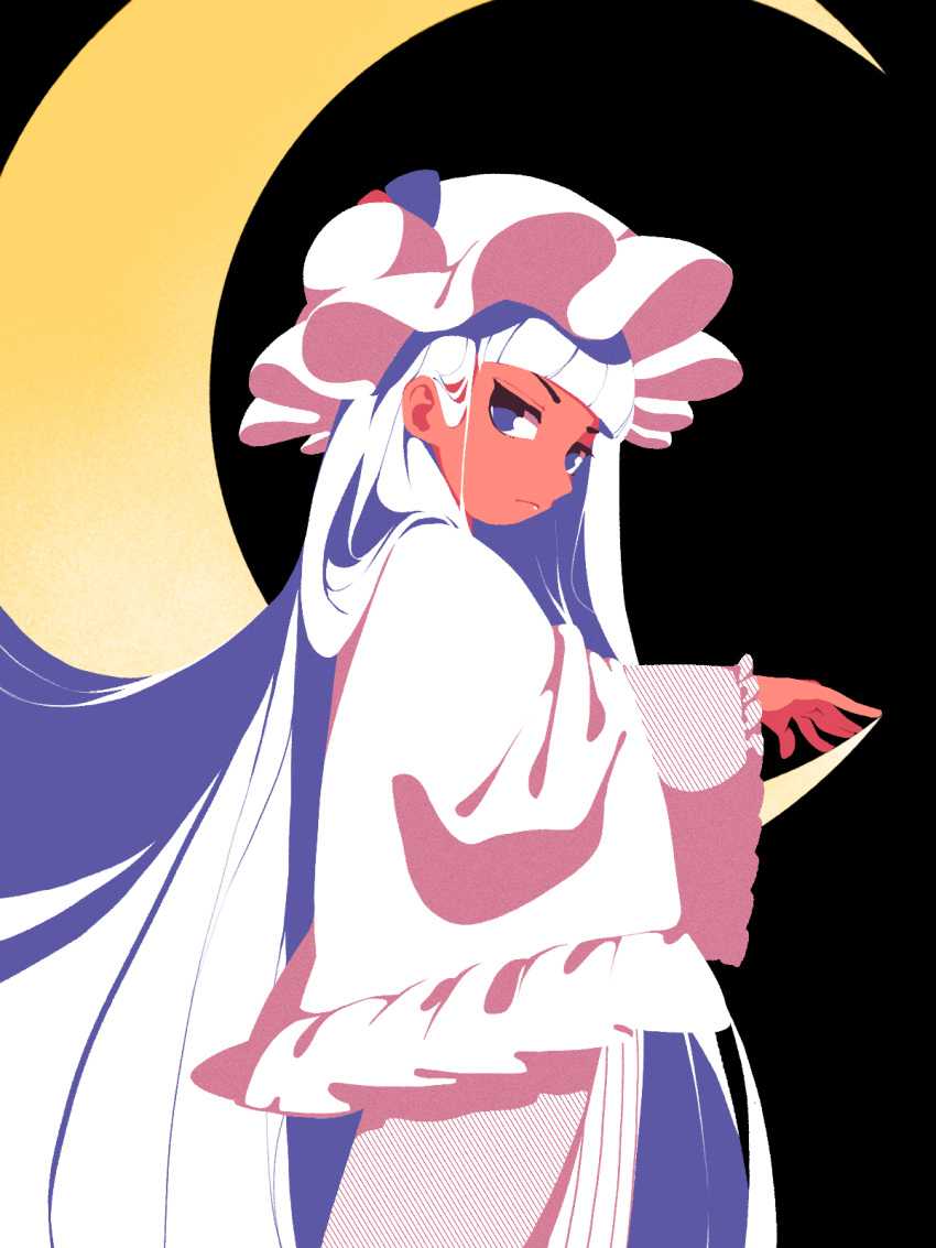 1girl bangs black_background blue_bow blunt_bangs bow bun_cover capelet crescent dress frilled_capelet frilled_sleeves frills from_side hair_behind_ear hand_up hat hat_bow highres long_hair long_sleeves looking_at_viewer mob_cap mobcap patchouli_knowledge pink_capelet pink_dress pink_headwear purple_hair red_bow solo tan touhou v-shaped_eyebrows very_long_hair violet_eyes wide_sleeves