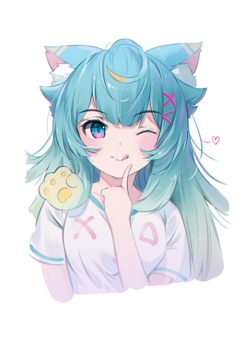 1girl ;q andychen animal_ear_fluff animal_ears bangs blonde_hair blue_eyes blue_hair cat_ears cropped_torso hair_ornament hand_up heart highres index_finger_raised indie_virtual_youtuber lanmewko long_hair looking_at_viewer multicolored_hair one_eye_closed shirt short_sleeves simple_background solo streaked_hair tongue tongue_out upper_body virtual_youtuber white_background white_shirt x_hair_ornament