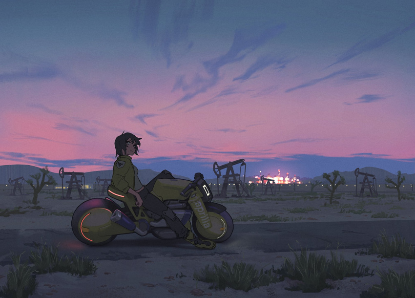 1girl black_hair black_pants cyberpunk desert dusk full_body gradient_sky green_jacket ground_vehicle highres horizon jacket knee_pads looking_away looking_up motor_vehicle motorcycle mountainous_horizon neon_trim oil_refinery oil_well on_motorcycle open_clothes open_jacket original outdoors pants patch payinky reclining scenery short_hair sky solo twilight