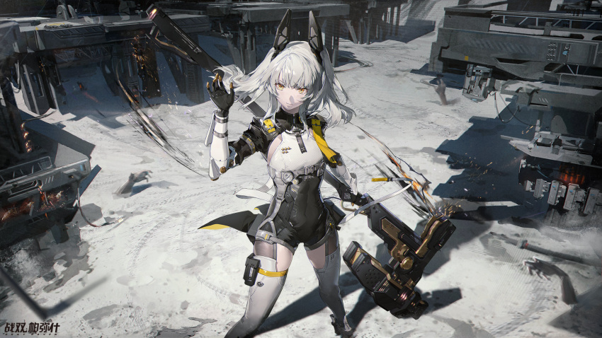 1girl axe closed_mouth disembodied_limb from_above hair_ornament hand_up highres karenina_(punishing:_gray_raven) looking_to_the_side mechanical_arms mechanical_foot official_art punishing:_gray_raven solo sparkle thigh-highs white_hair yellow_eyes zhang_shuang_pa_mi_shi