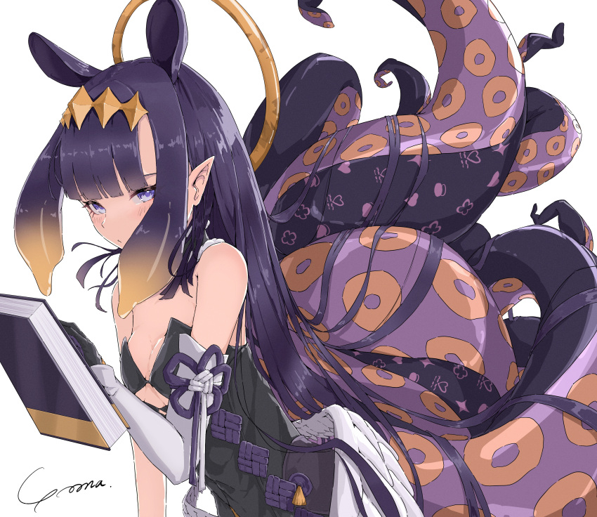 1girl absurdres bangs bare_shoulders black_dress blunt_bangs book detached_sleeves dress hair_ornament halo highres hololive hololive_english looking_at_viewer ninomae_ina'nis pointy_ears purple_hair signature solo tentacle_hair tentacles violet_eyes virtual_youtuber white_background wings yo_na